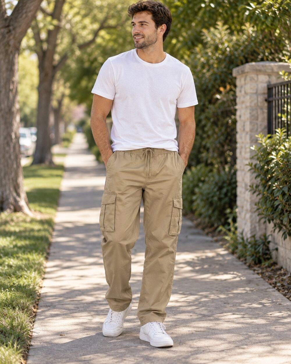 CSG Jogger Pants Men M Medium Beige Cargo Tapered Leg Stretch Drawstring Outdoor